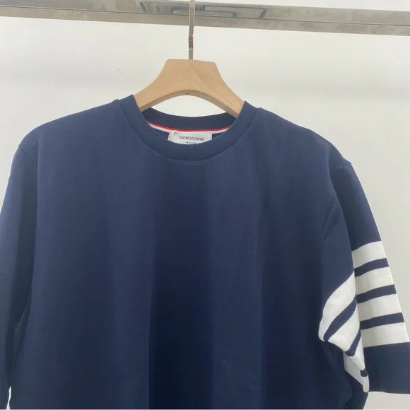 Thom Browne Blue Short Sleeve Tee with White Stripe Detail